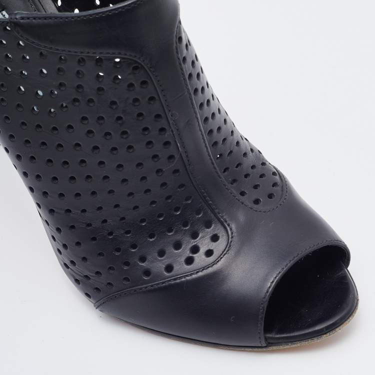 Pre Owned Prada Black Perforated Leather Open Toe Booties Size 37