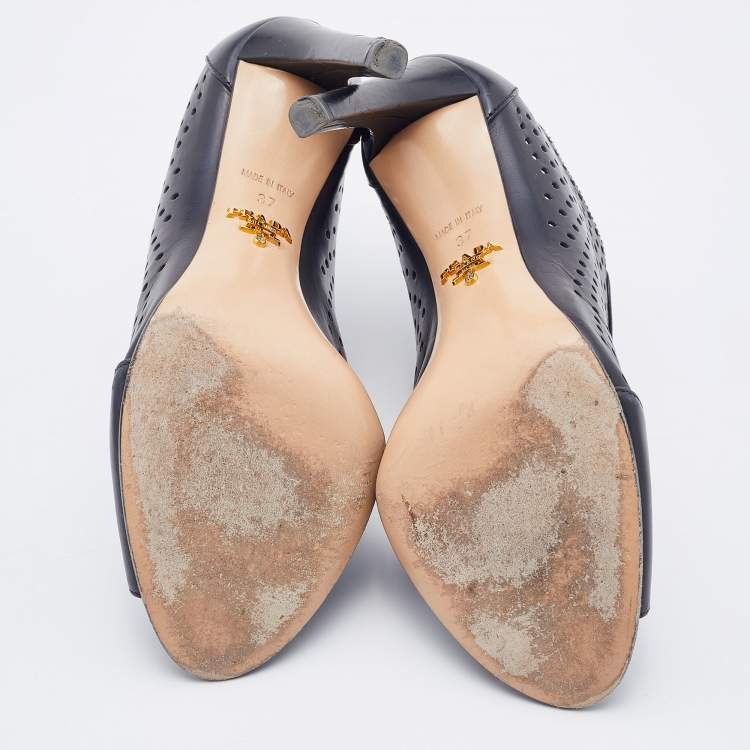 Pre Owned Prada Black Perforated Leather Open Toe Booties Size 37