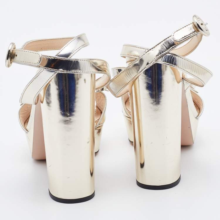 Pre Owned Prada Metallic Leather Bow Platform Block Heel Ankle Strap Sandals Size 38
