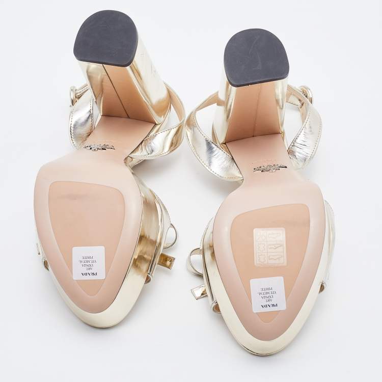 Pre Owned Prada Metallic Leather Bow Platform Block Heel Ankle Strap Sandals Size 38