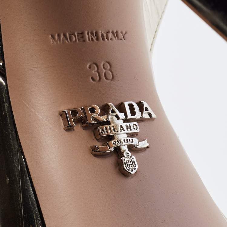 Pre Owned Prada Metallic Leather Bow Platform Block Heel Ankle Strap Sandals Size 38