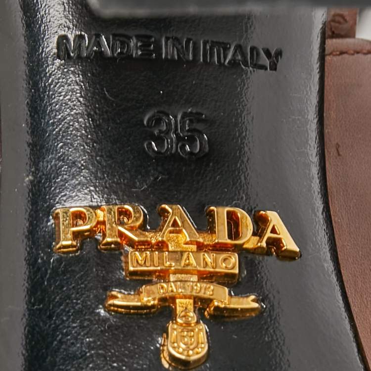 Pre Owned Prada Brown Leather Mirrored Block Heel Sandals Size 35
