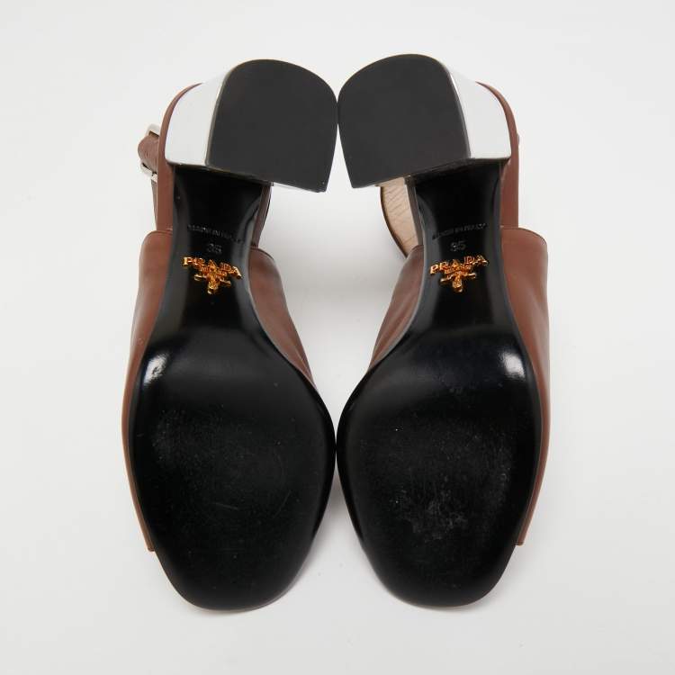 Pre Owned Prada Brown Leather Mirrored Block Heel Sandals Size 35