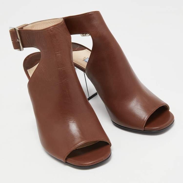 Pre Owned Prada Brown Leather Mirrored Block Heel Sandals Size 35