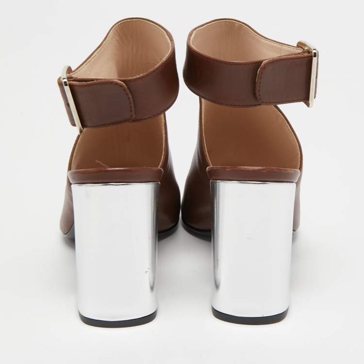 Pre Owned Prada Brown Leather Mirrored Block Heel Sandals Size 35
