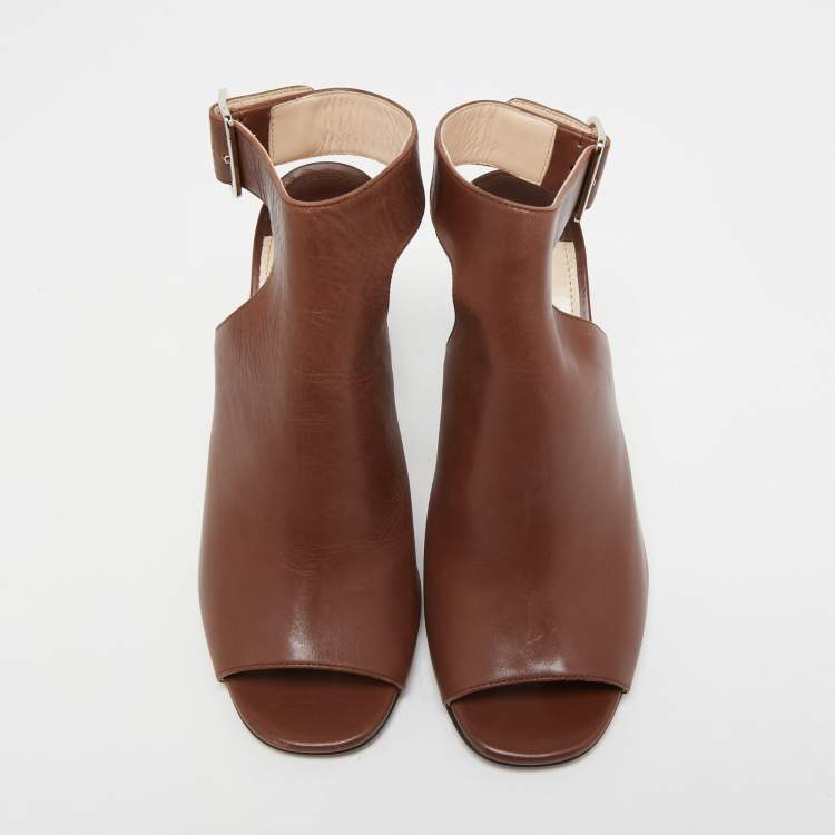 Pre Owned Prada Brown Leather Mirrored Block Heel Sandals Size 35