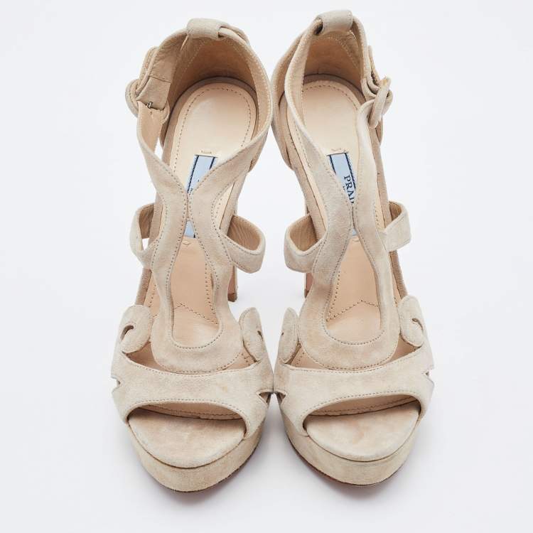 Pre Owned Prada Beige Suede Open Toe Baroque Platform Sandals Size 38