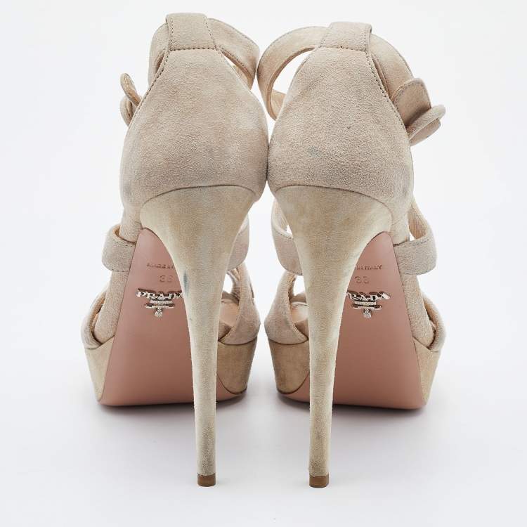 Pre Owned Prada Beige Suede Open Toe Baroque Platform Sandals Size 38