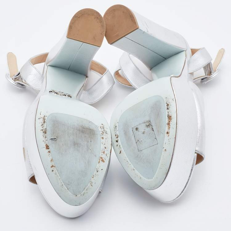 Pre Owned Prada Silver Leather Platform Block Heel Ankle Strap Sandals Size 38