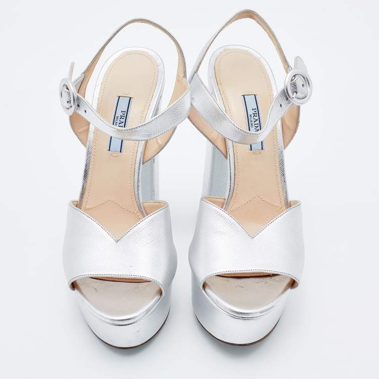 Pre Owned Prada Silver Leather Platform Block Heel Ankle Strap Sandals Size 38