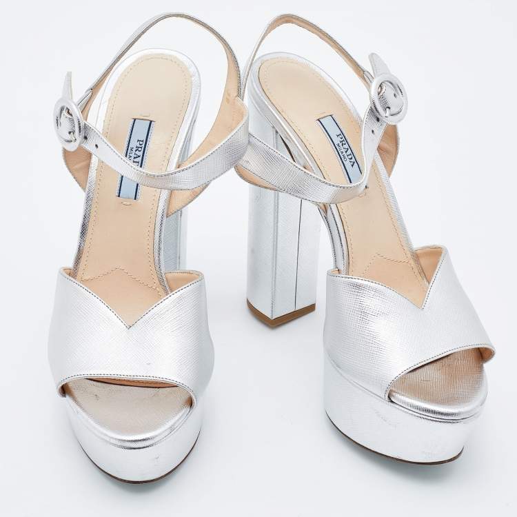 Pre Owned Prada Silver Leather Platform Block Heel Ankle Strap Sandals Size 38