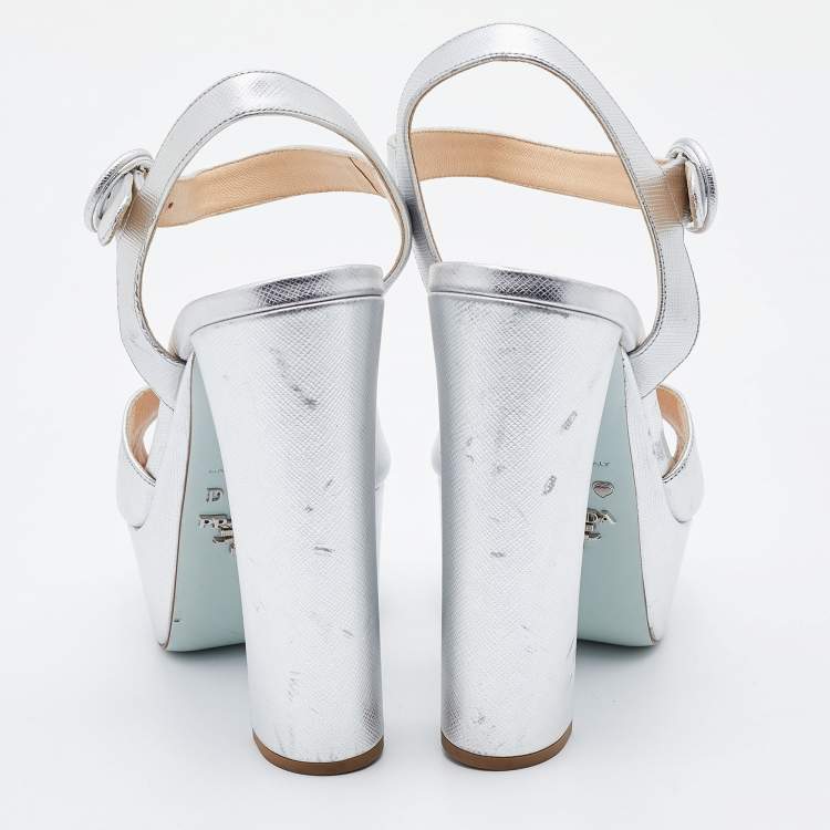 Pre Owned Prada Silver Leather Platform Block Heel Ankle Strap Sandals Size 38