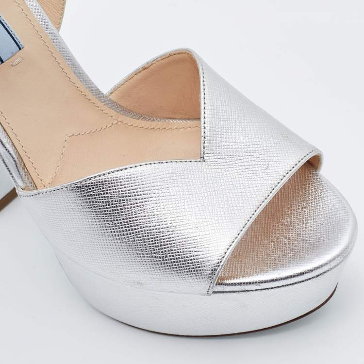 Pre Owned Prada Silver Leather Platform Block Heel Ankle Strap Sandals Size 38