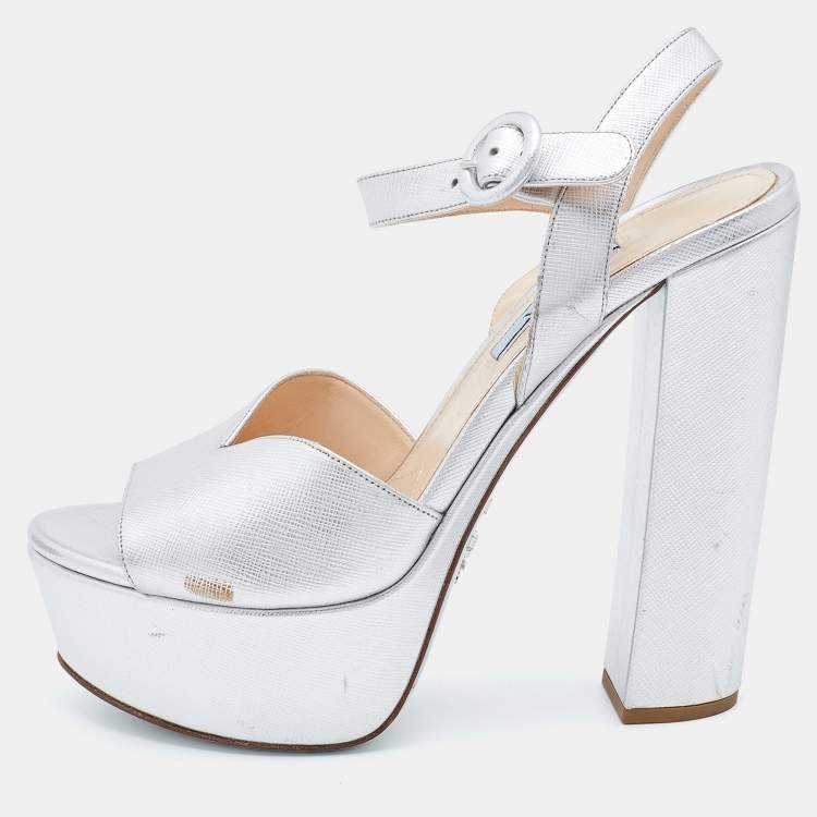 Pre Owned Prada Silver Leather Platform Block Heel Ankle Strap Sandals Size 38