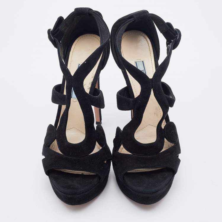 Pre Owned Prada Black Suede Open Toe Baroque Platform Sandals Size 38