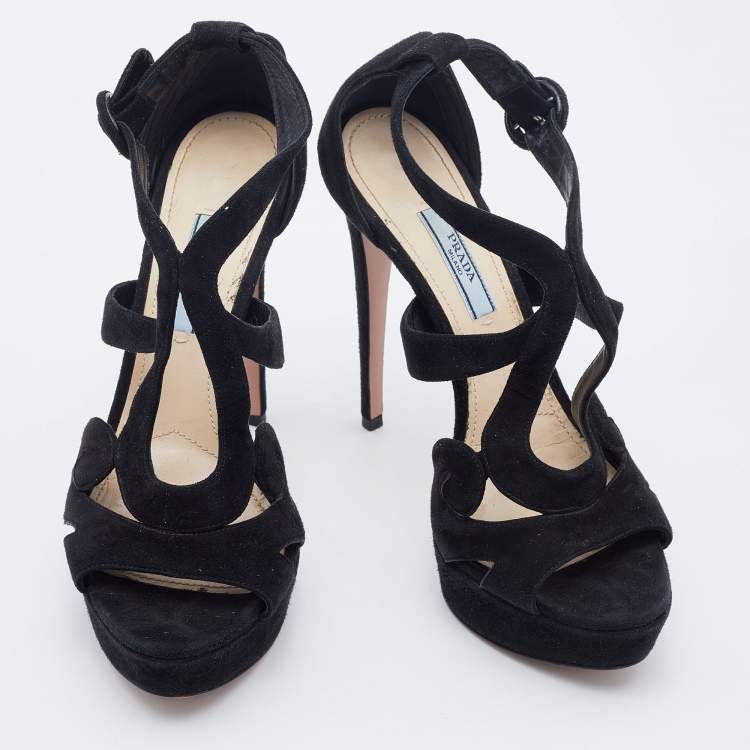 Pre Owned Prada Black Suede Open Toe Baroque Platform Sandals Size 38