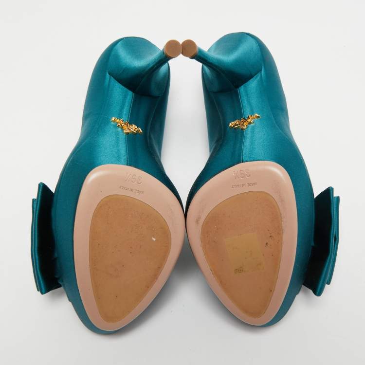 Pre Owned Prada Turquoise Blue Satin Bow Detail Peep Toe Platform Pumps Size 39.5