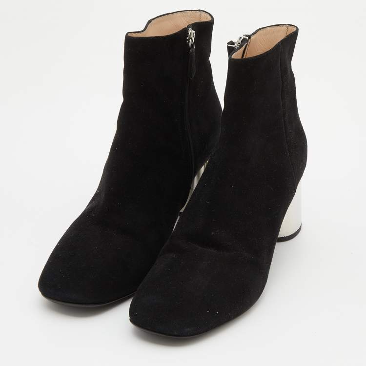 Pre Owned Prada Black Suede Block Heel Ankle Length Boots Size 39.5