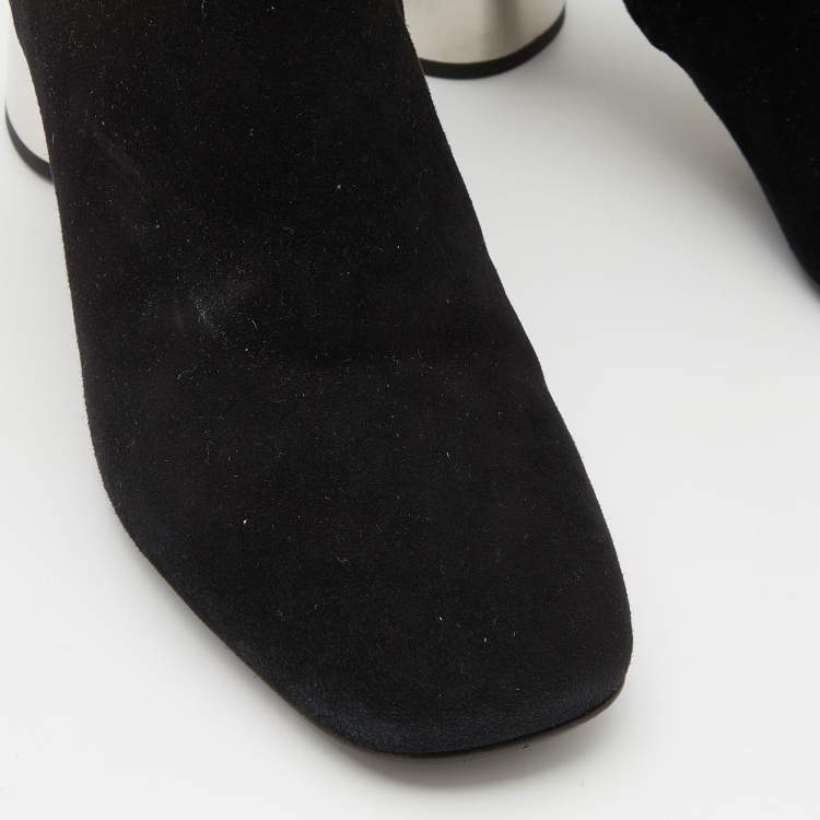 Pre Owned Prada Black Suede Block Heel Ankle Length Boots Size 39.5