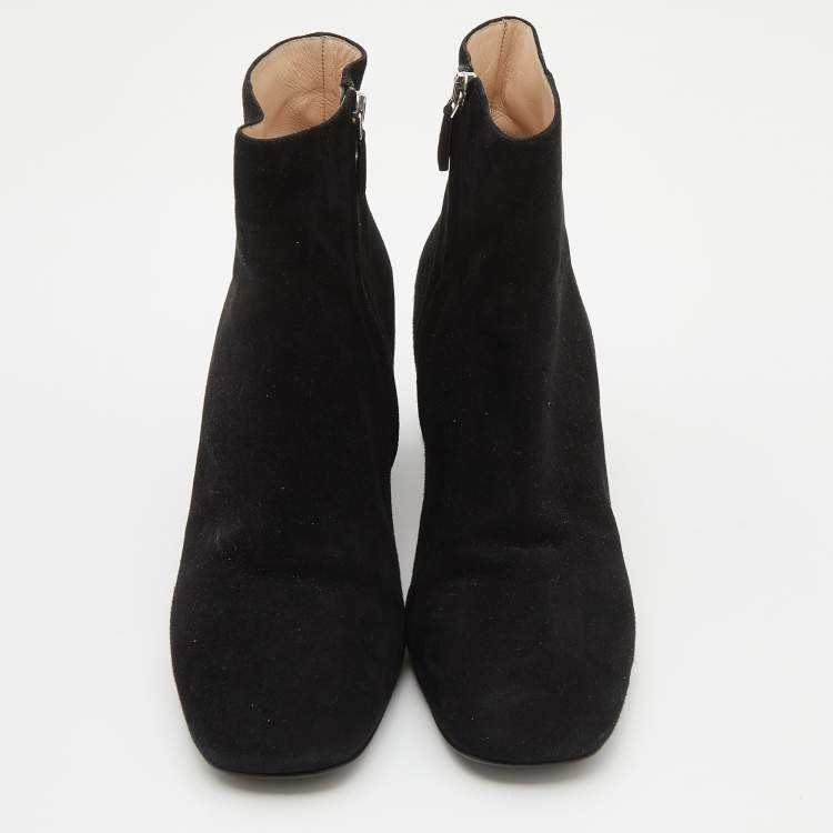 Pre Owned Prada Black Suede Block Heel Ankle Length Boots Size 39.5