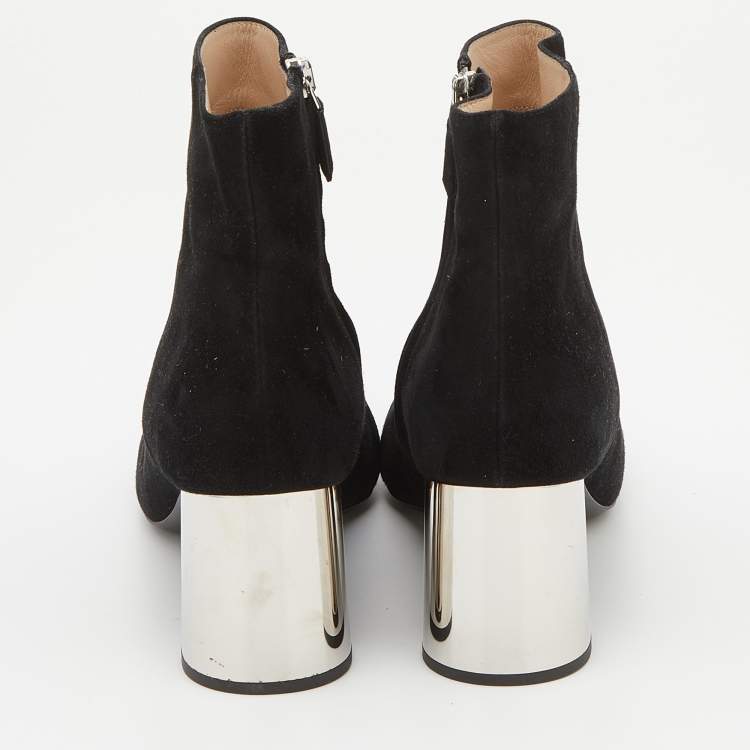 Pre Owned Prada Black Suede Block Heel Ankle Length Boots Size 39.5
