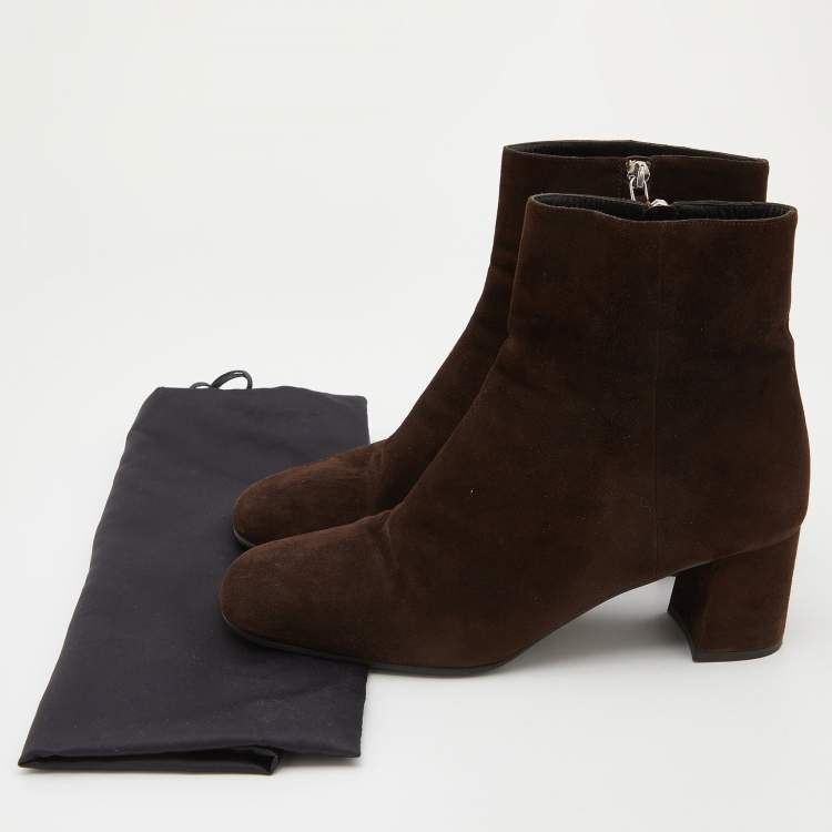 Pre Owned Prada Dark Brown Suede Block Heel Ankle Length Boots Size 38.5