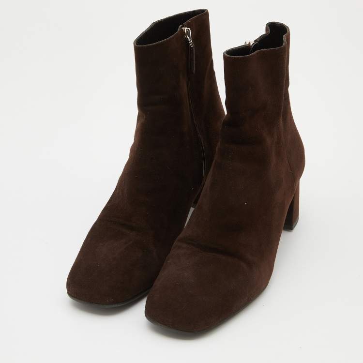 Pre Owned Prada Dark Brown Suede Block Heel Ankle Length Boots Size 38.5