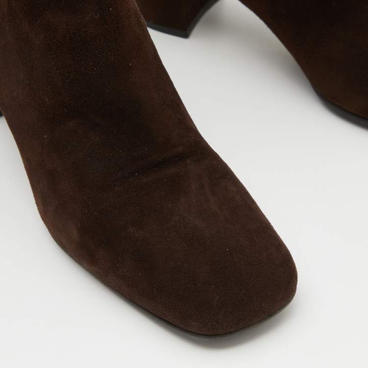 Pre Owned Prada Dark Brown Suede Block Heel Ankle Length Boots Size 38.5
