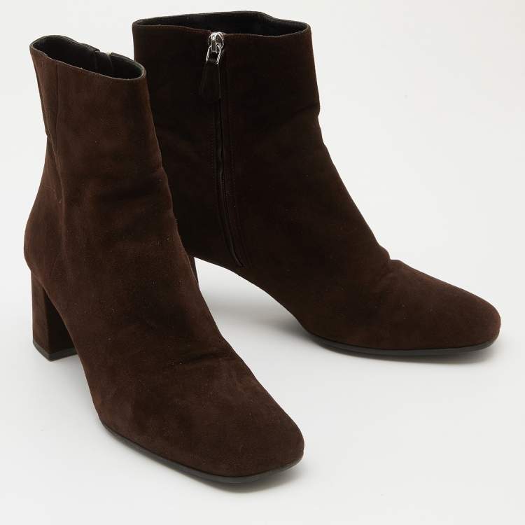 Pre Owned Prada Dark Brown Suede Block Heel Ankle Length Boots Size 38.5