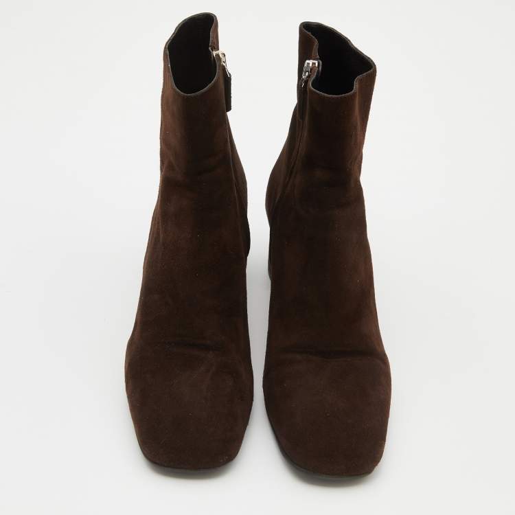 Pre Owned Prada Dark Brown Suede Block Heel Ankle Length Boots Size 38.5