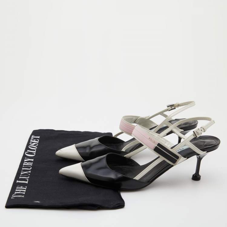 Pre Owned Prada White/Black Leather and Rubber Trim Pointed Toe Slingback Pumps Size 37.5