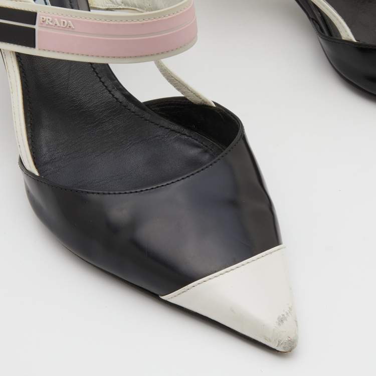 Pre Owned Prada White/Black Leather and Rubber Trim Pointed Toe Slingback Pumps Size 37.5