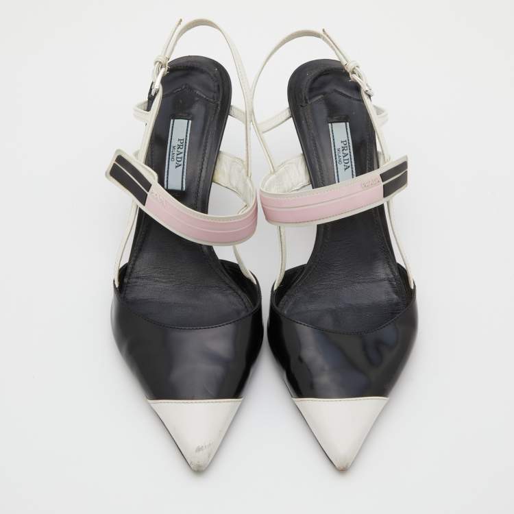 Pre Owned Prada White/Black Leather and Rubber Trim Pointed Toe Slingback Pumps Size 37.5