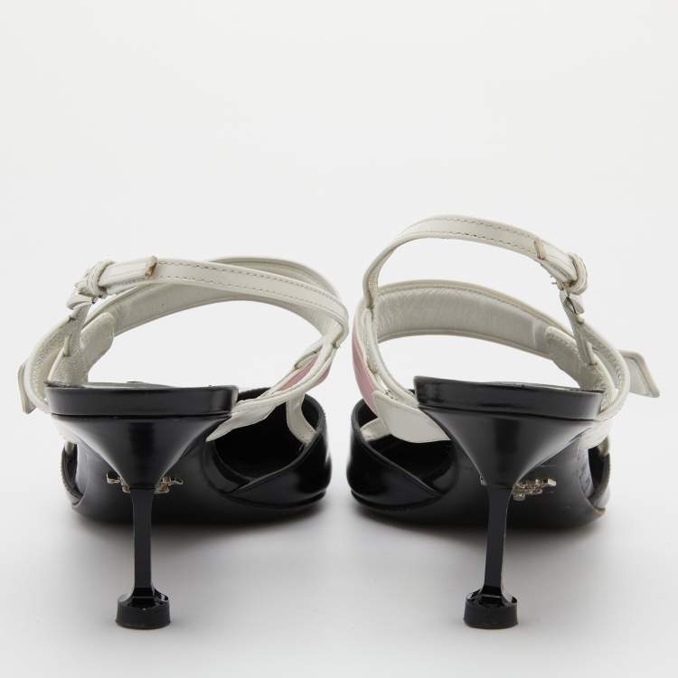 Pre Owned Prada White/Black Leather and Rubber Trim Pointed Toe Slingback Pumps Size 37.5