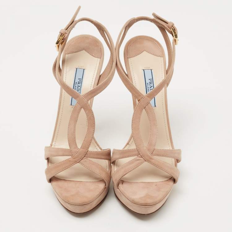 Pre Owned Prada Beige Suede Platform Ankle Strap Sandals Size 35.5