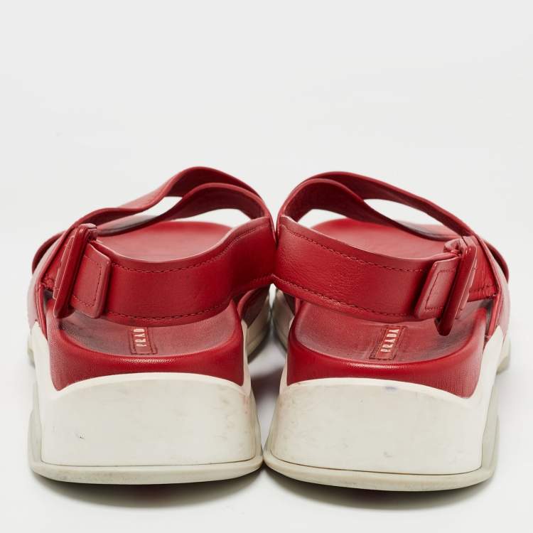 Pre Owned Prada Red Leather Crisscross  Sandals Size 40