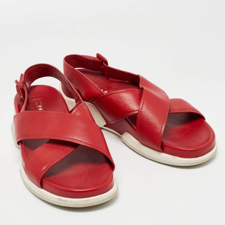 Pre Owned Prada Red Leather Crisscross  Sandals Size 40