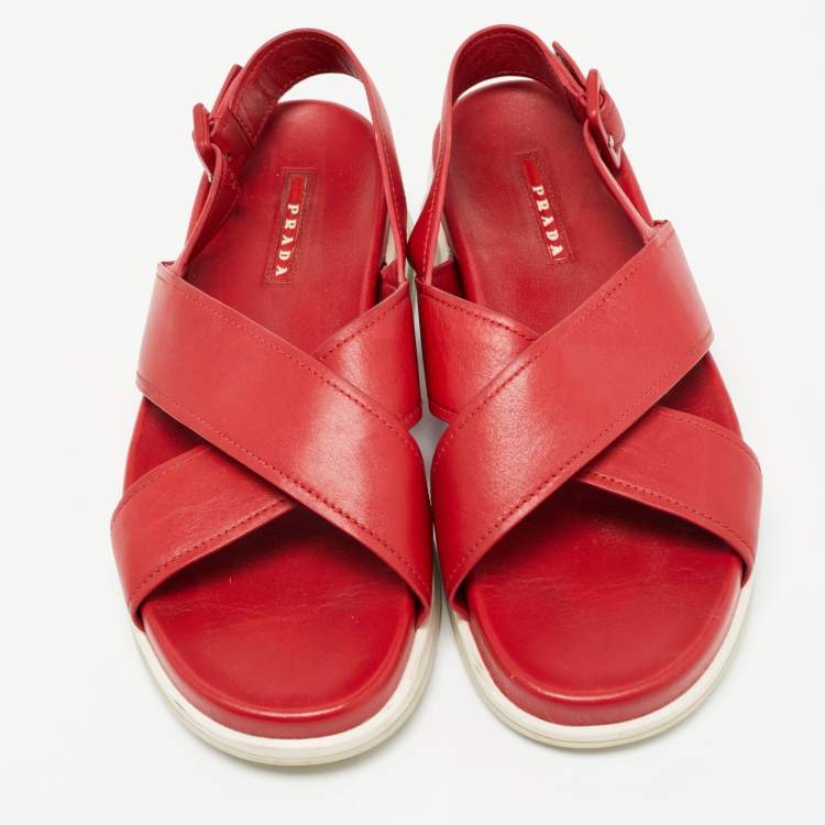 Pre Owned Prada Red Leather Crisscross  Sandals Size 40