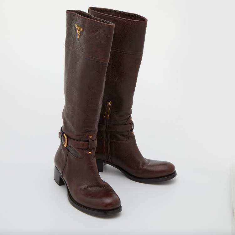 Pre Owned Prada Dark Brown Leather Knee Length Boots Size 38
