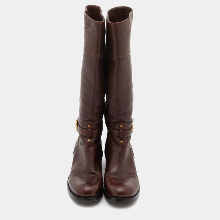 Pre Owned Prada Dark Brown Leather Knee Length Boots Size 38