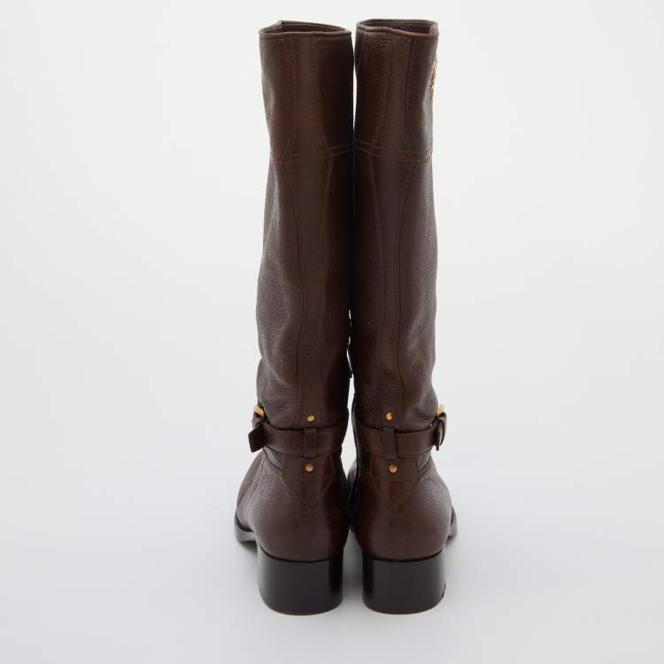 Pre Owned Prada Dark Brown Leather Knee Length Boots Size 38