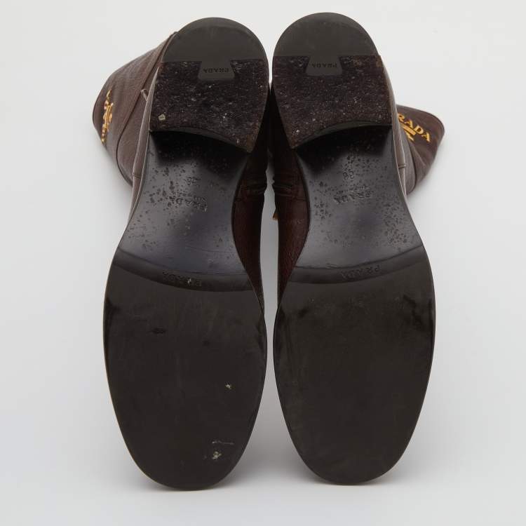 Pre Owned Prada Dark Brown Leather Knee Length Boots Size 38