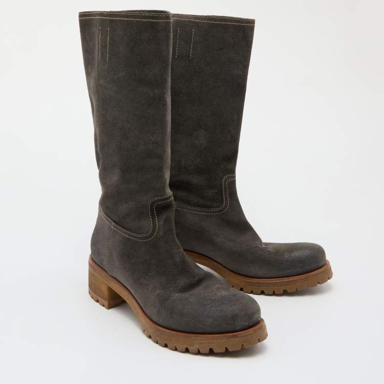 Pre Owned Prada Grey Suede Mid Calf Length Boots Size 39