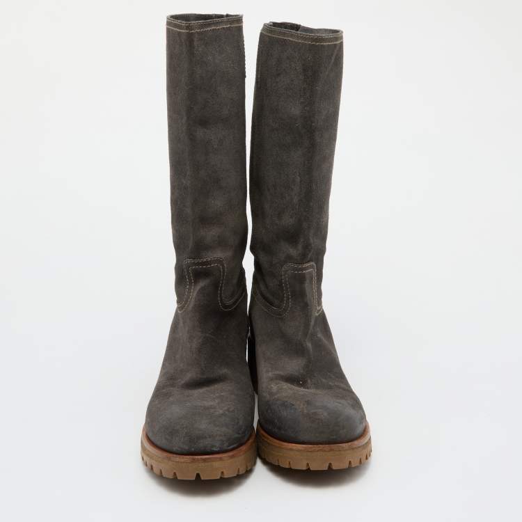 Pre Owned Prada Grey Suede Mid Calf Length Boots Size 39