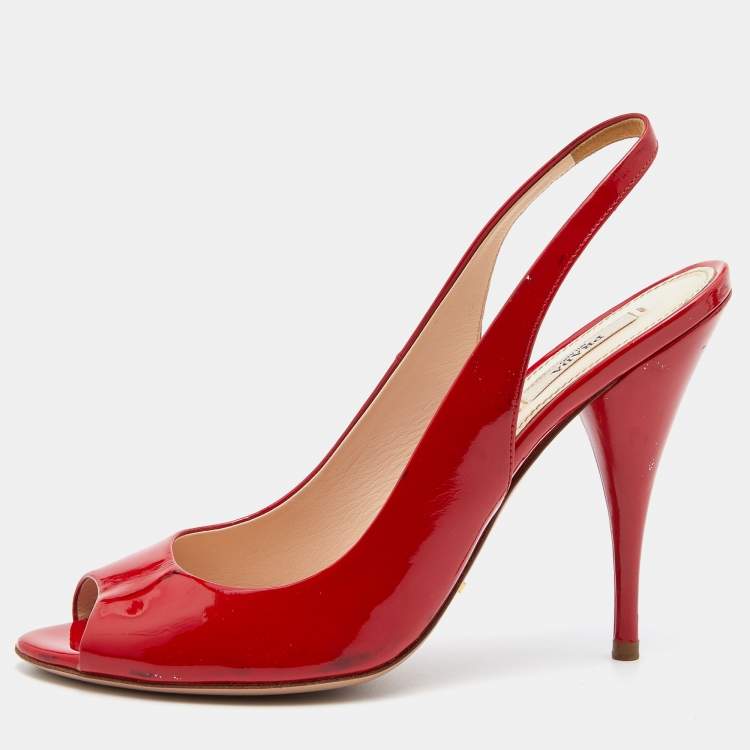 Prada Red Patent Leather Open Toe Slingback Pumps Size 40 | TLC