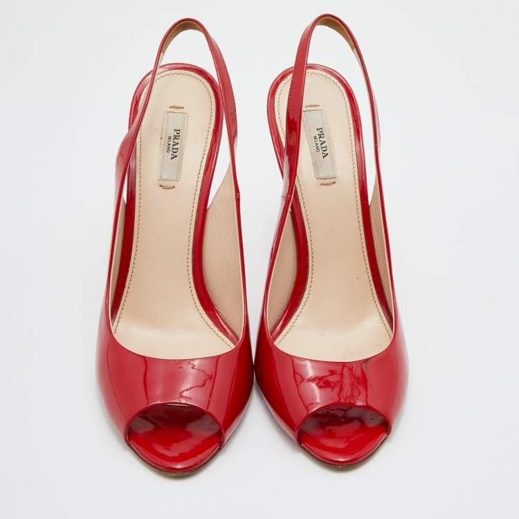 Pre Owned Prada Red Patent Leather Open Toe Slingback Pumps Size 40