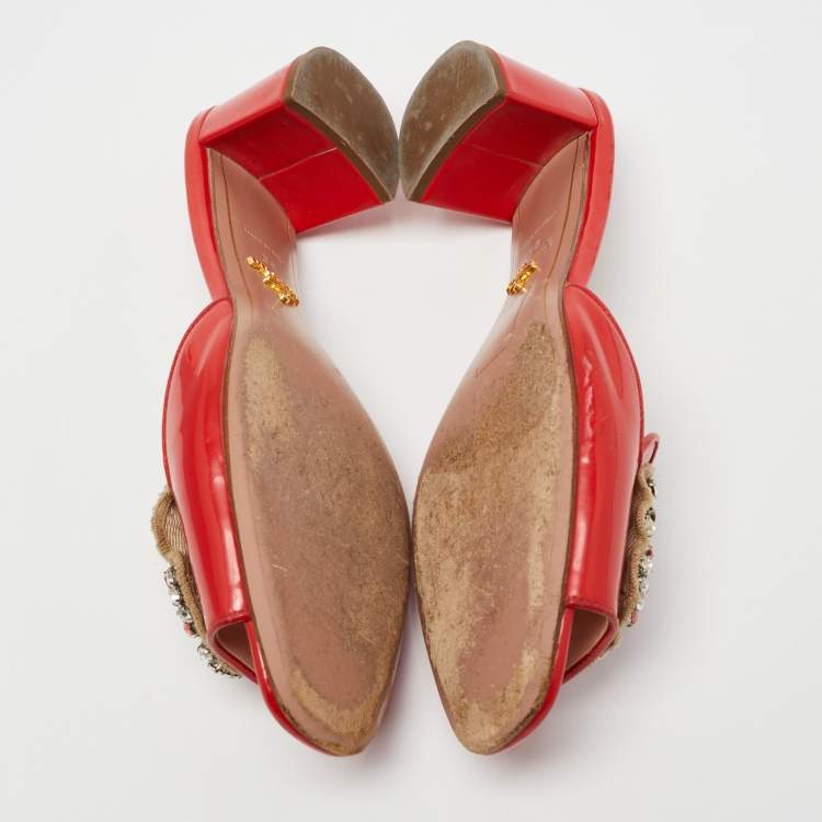 Pre Owned Prada Red Patent Leather Crystal Embellished Slide Sandals Size 38