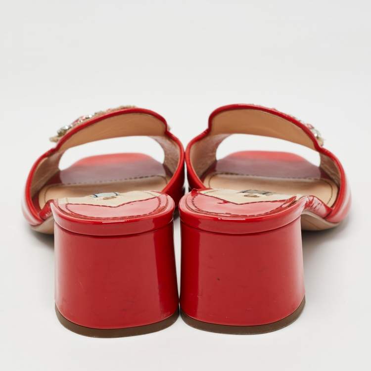 Pre Owned Prada Red Patent Leather Crystal Embellished Slide Sandals Size 38
