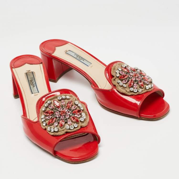 Pre Owned Prada Red Patent Leather Crystal Embellished Slide Sandals Size 38