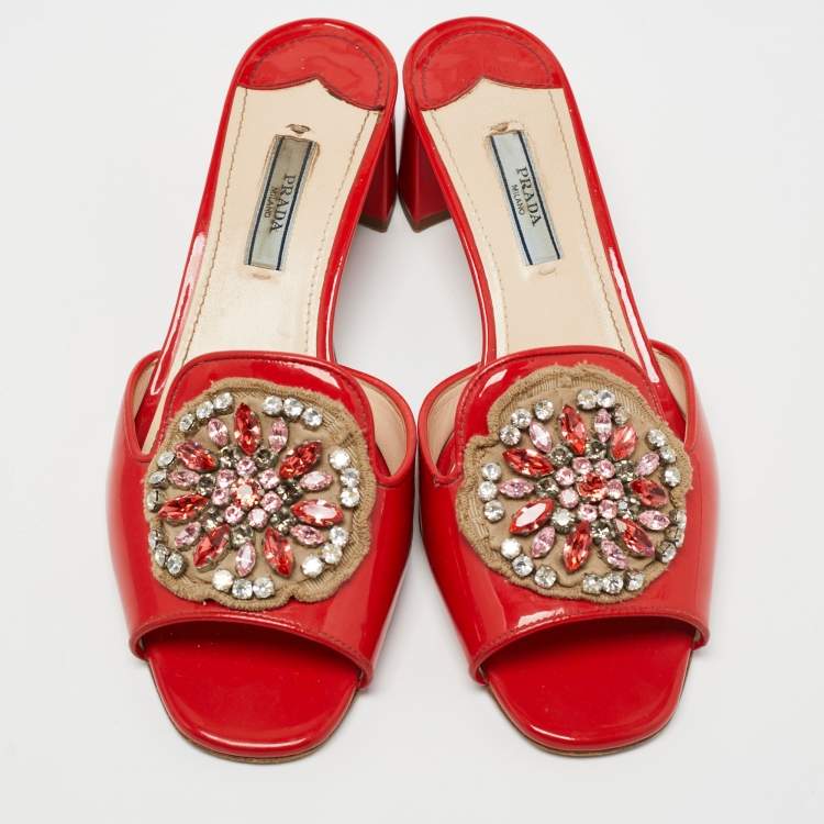 Pre Owned Prada Red Patent Leather Crystal Embellished Slide Sandals Size 38